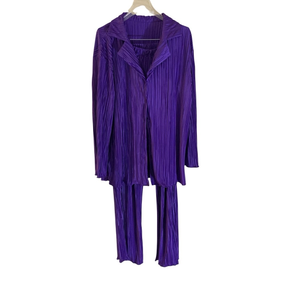 Vtg purple crinkly pleated top & bottom lounge set pajamas comfy retro 70s S